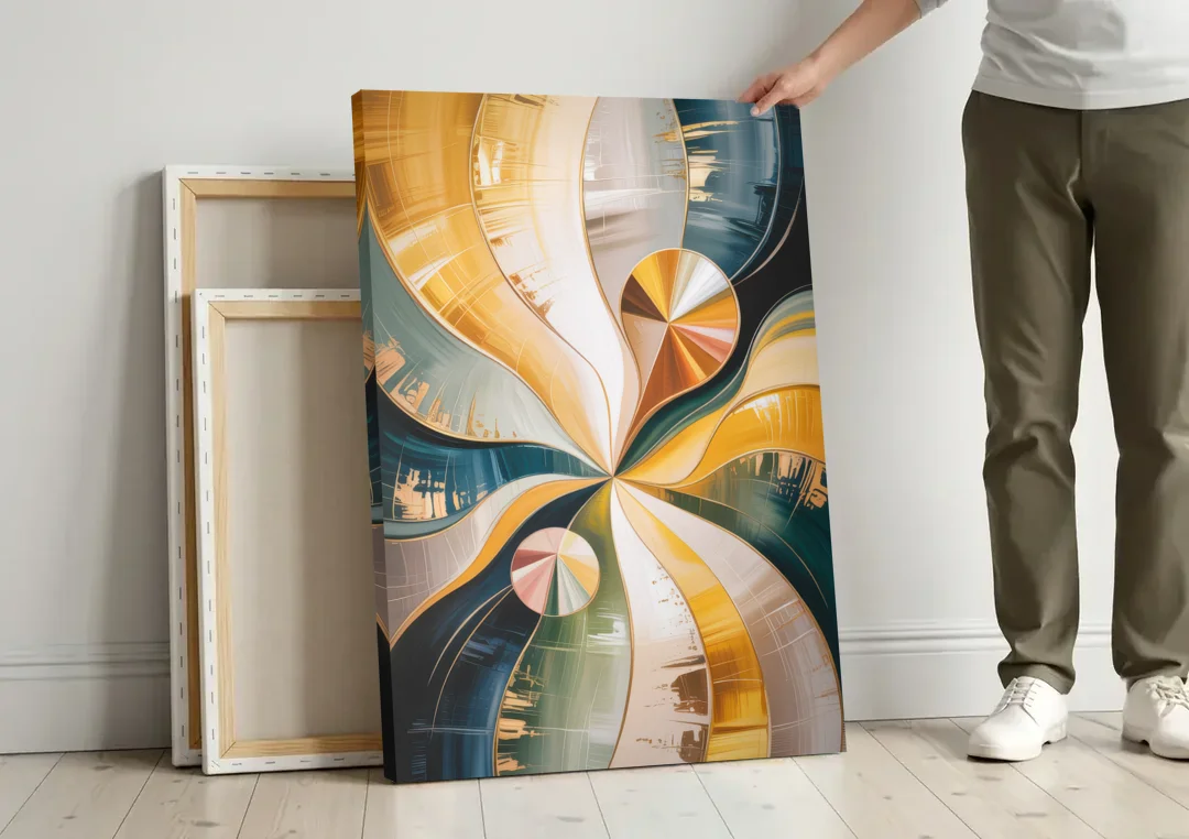 Serene Geometric Elegance Yellow and Grey Abstract canvas wall art leaning against a wall next to blank canvases