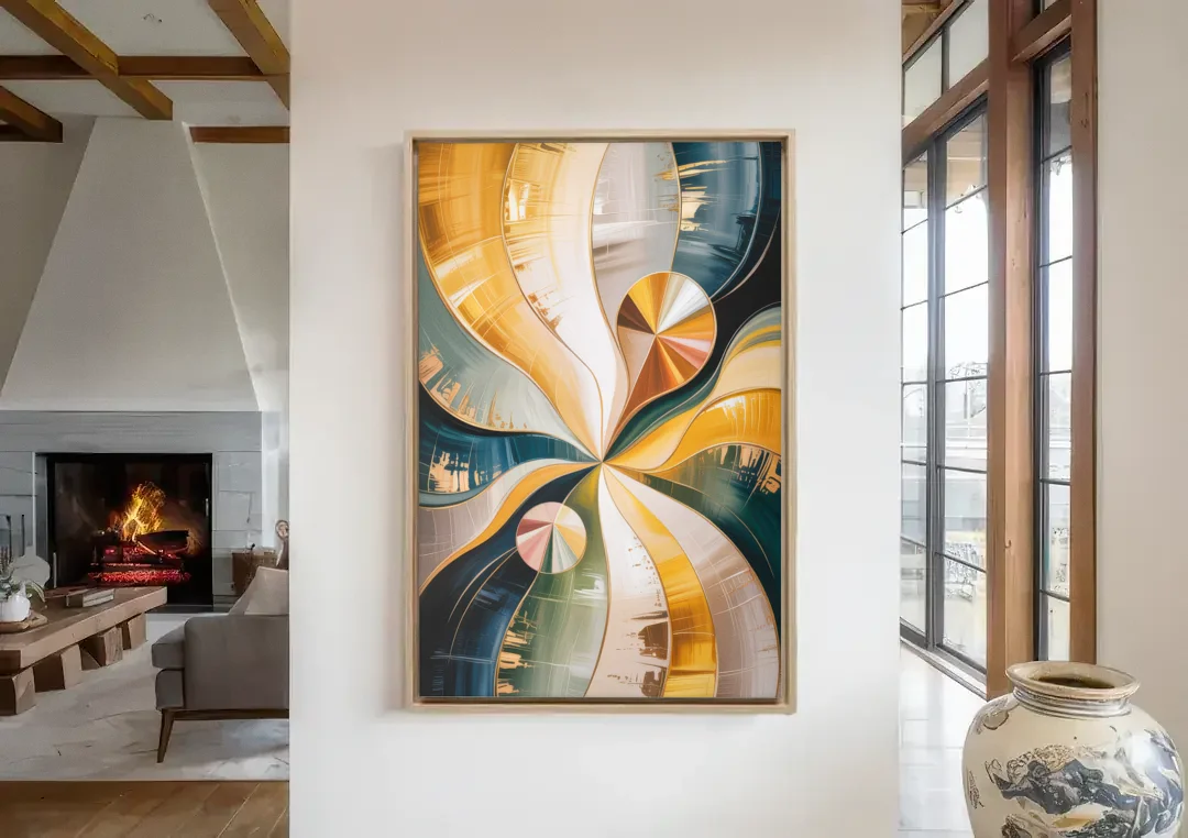 Serene Geometric Elegance Yellow and Grey Abstract canvas wall art in a living room with a fireplace