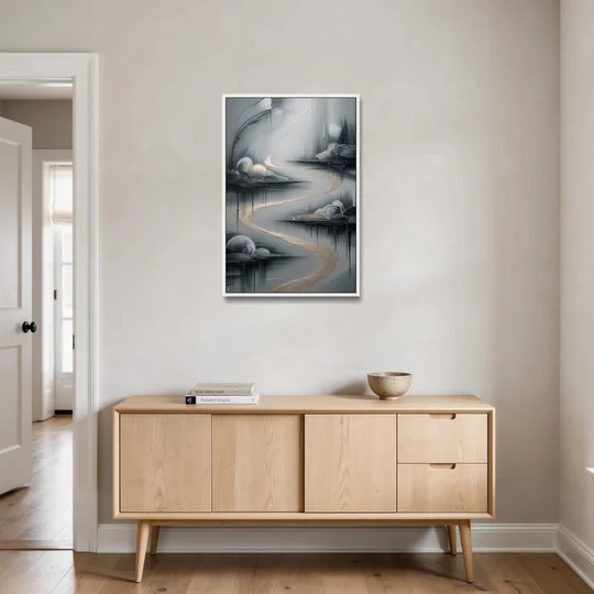 Serene Landscape Grey Abstract - White Framed Canvas Wall Art - Coffee Table - 24x36