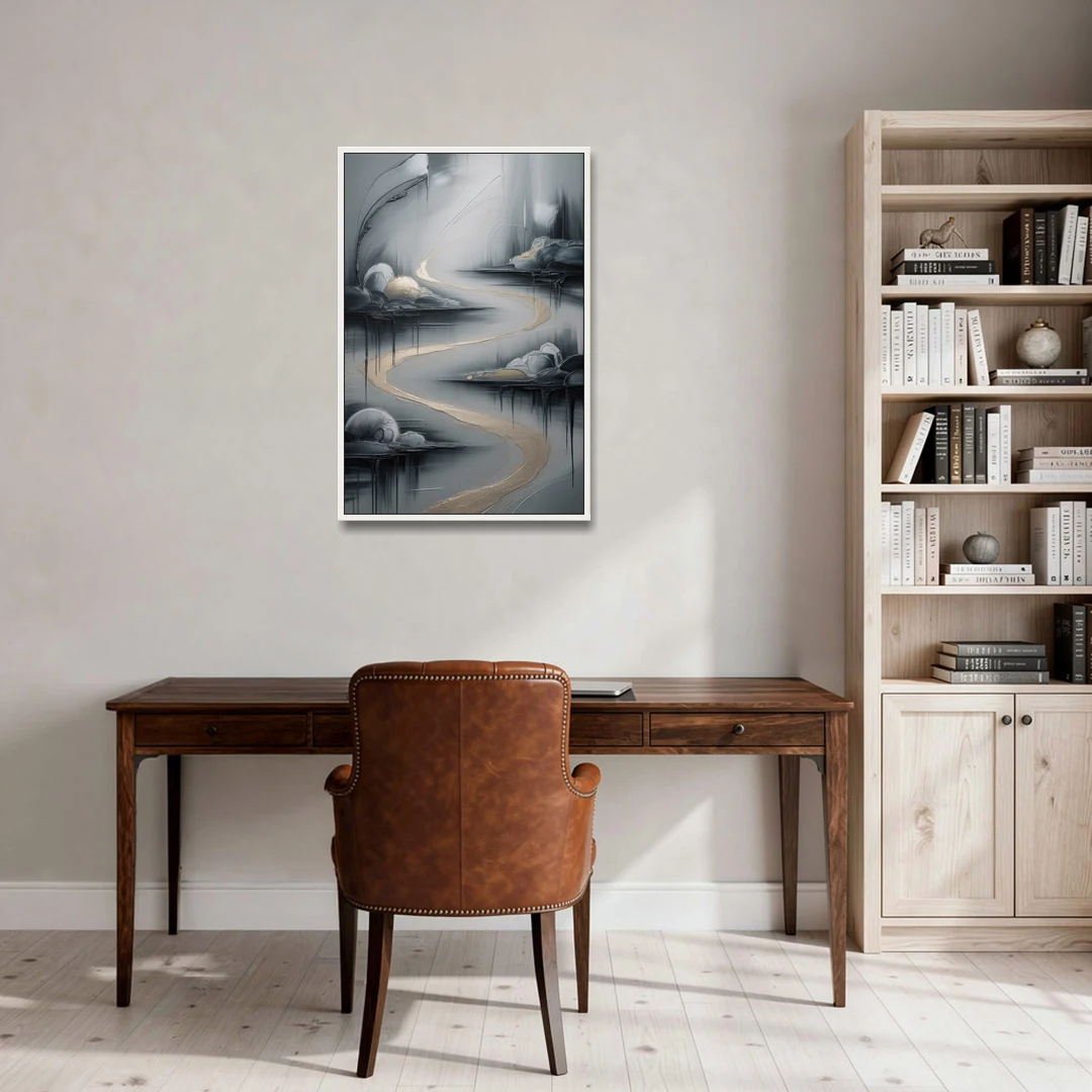 Serene Landscape Grey Abstract - White Framed Canvas Wall Art - Office - 24x36