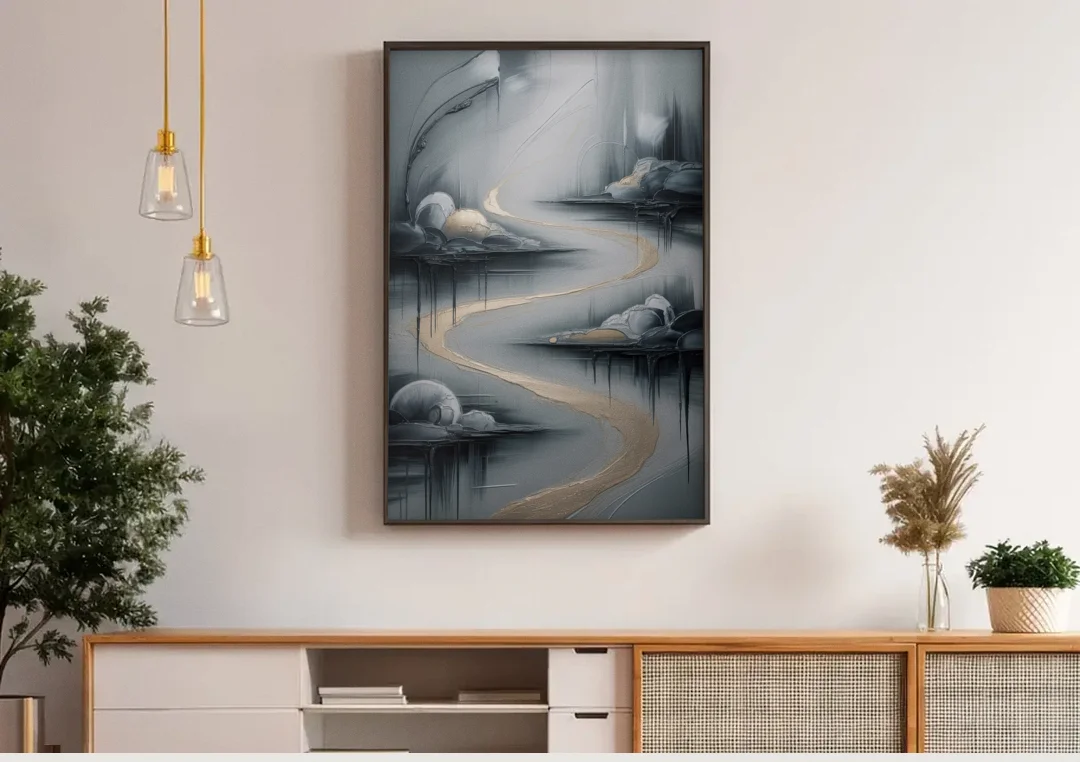 Serene Landscape Grey Abstract canvas wall art above a wooden sideboard under pendant lights