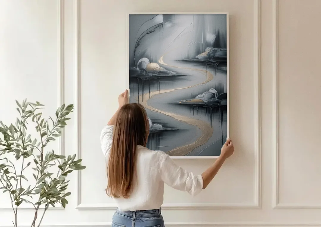 Serene Landscape Grey Abstract canvas wall art being hung on a paneled wall