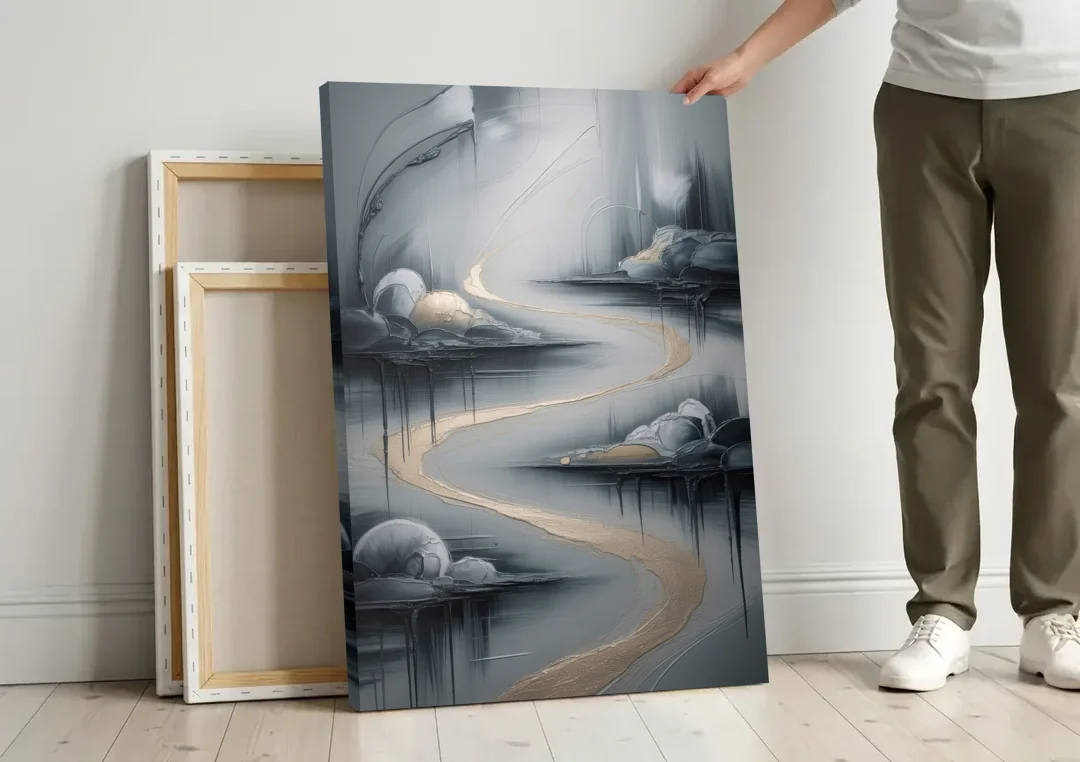 Serene Landscape Grey Abstract canvas wall art leaning against a wall next to blank canvases