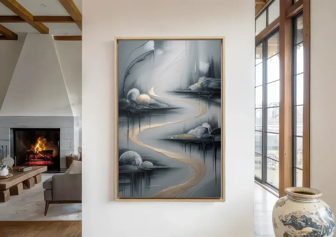 Serene Landscape Grey Abstract canvas wall art in a living room with a fireplace