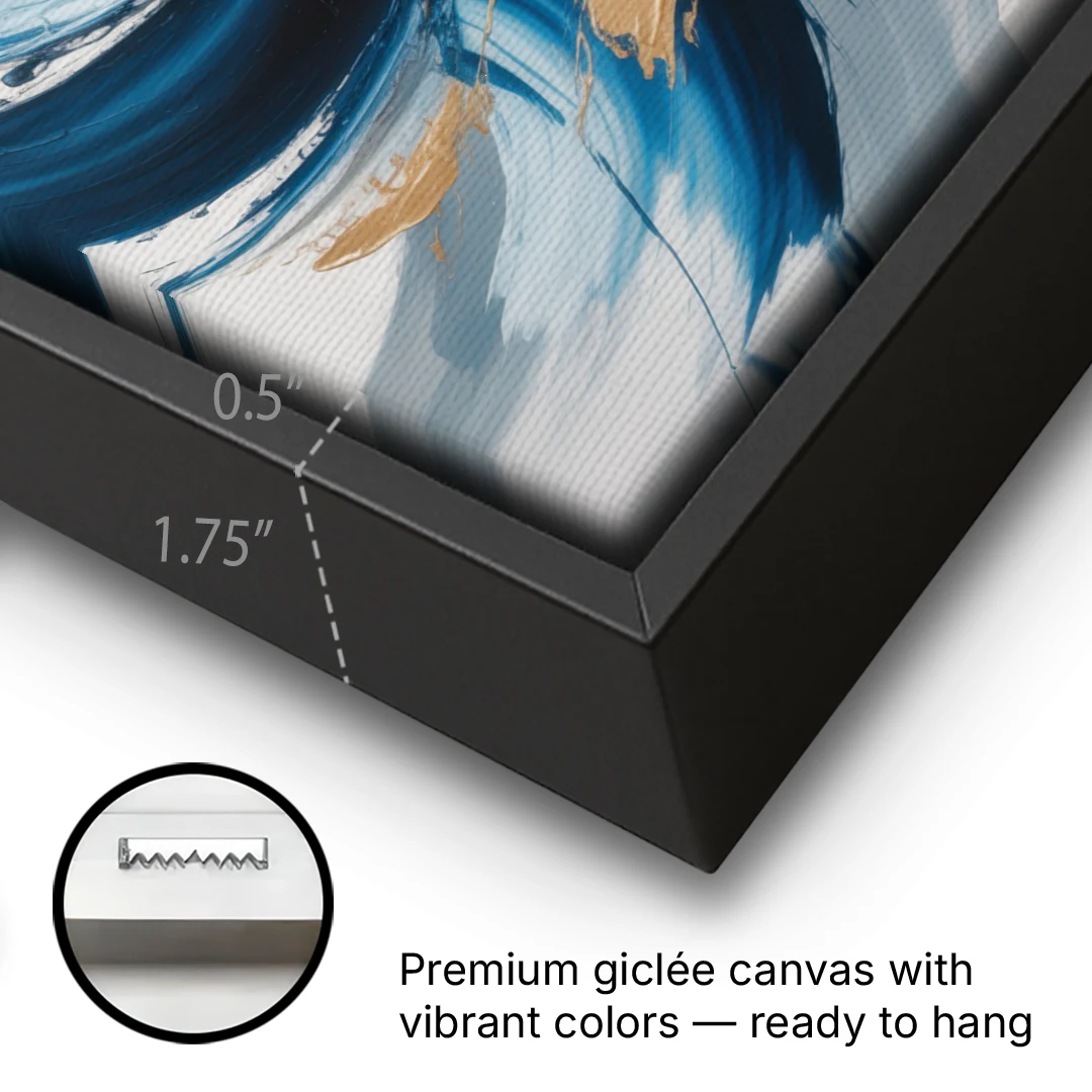 Serene Opulence Blue and Gold Abstract - Black Framed Canvas Wall Art - Gallery Wrap Corner