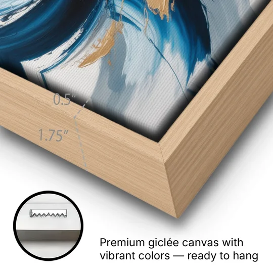 Serene Opulence Blue and Gold Abstract - Oak Framed Canvas Wall Art - Gallery Wrap Corner