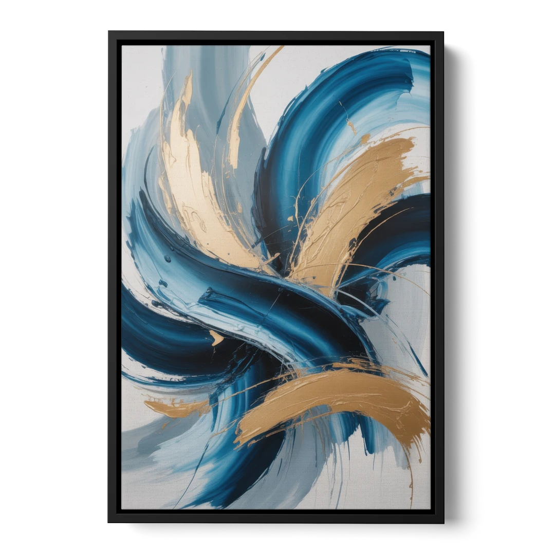 Serene Opulence Blue and Gold Abstract - Black Framed Canvas Wall Art - Front