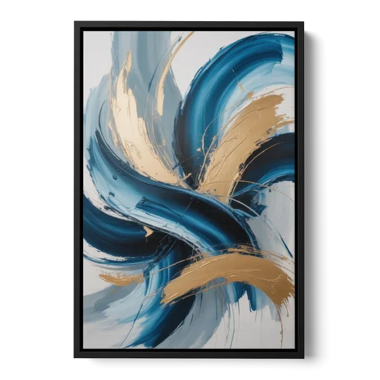Serene Opulence Blue and Gold Abstract - Black Framed Canvas Wall Art - Front