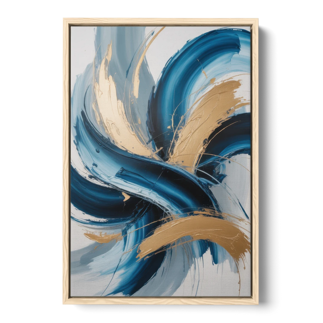 Serene Opulence Blue and Gold Abstract - Oak Framed Canvas Wall Art - Front