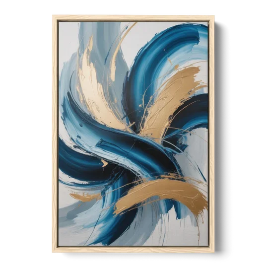 Serene Opulence Blue and Gold Abstract - Oak Framed Canvas Wall Art - Front