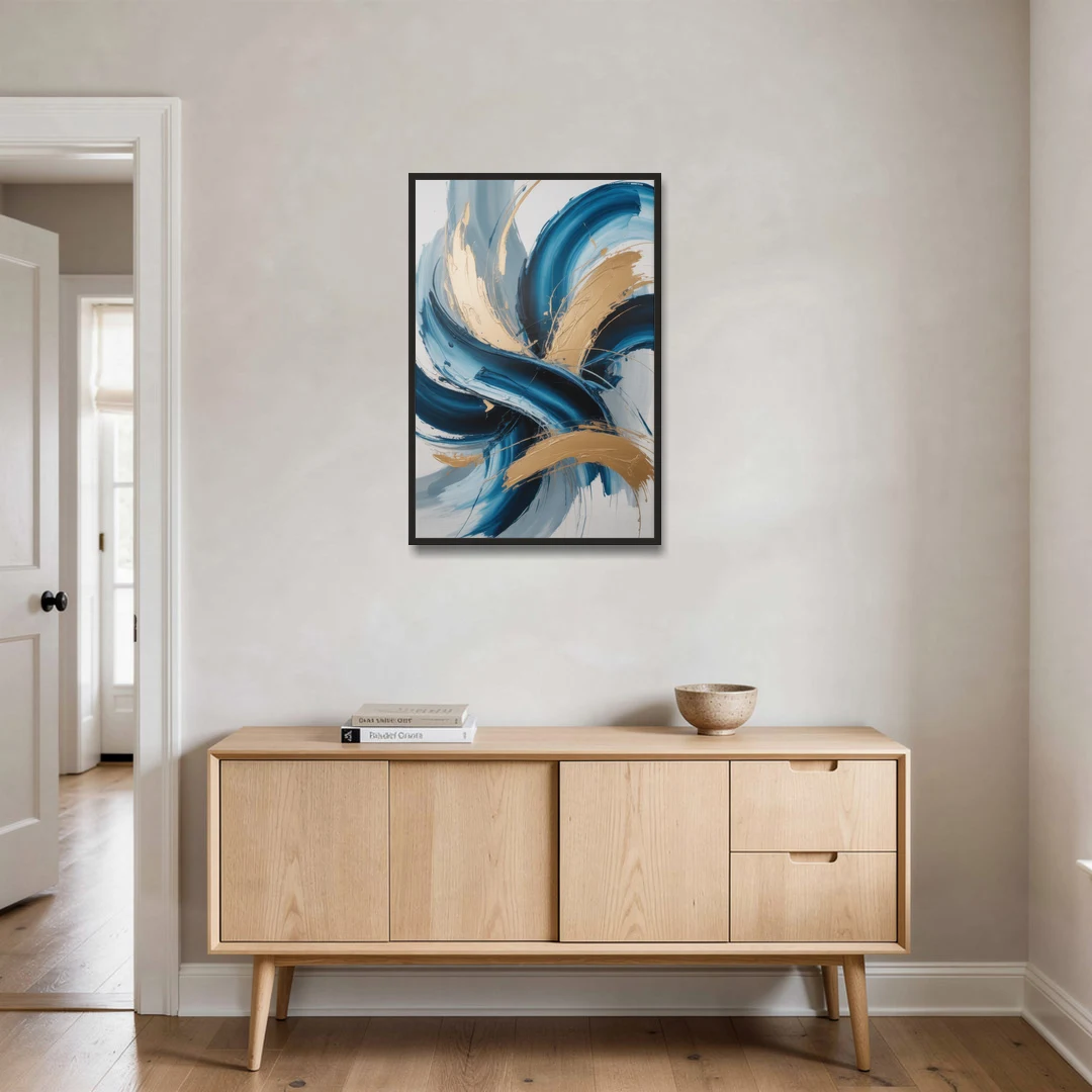 Serene Opulence Blue and Gold Abstract - Black Framed Canvas Wall Art - Coffee Table - 24x36