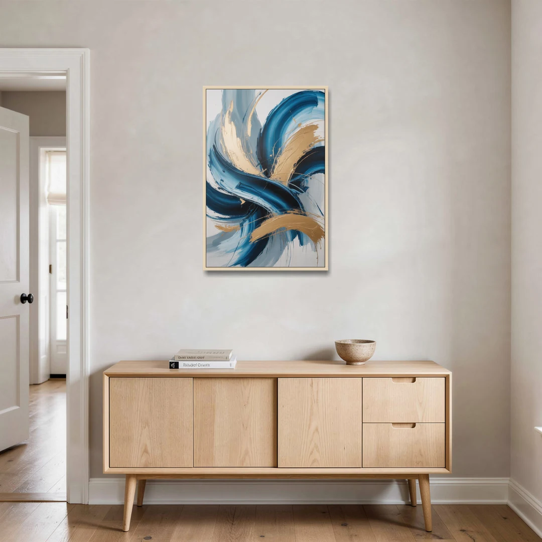 Serene Opulence Blue and Gold Abstract - Oak Framed Canvas Wall Art - Coffee Table - 24x36