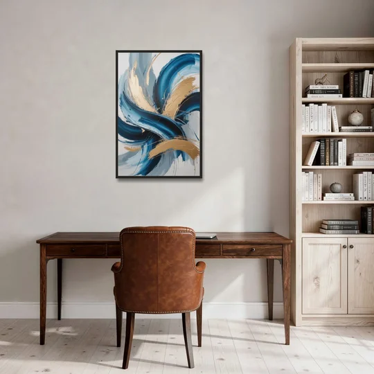 Serene Opulence Blue and Gold Abstract - Black Framed Canvas Wall Art - Office - 24x36