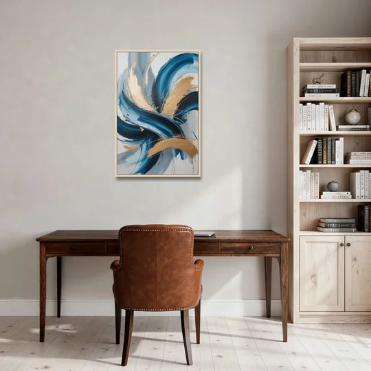 Serene Opulence Blue and Gold Abstract - Oak Framed Canvas Wall Art - Office - 24x36