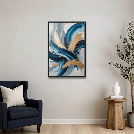 Serene Opulence Blue and Gold Abstract - Black Framed Canvas Wall Art - Sofa - 24x36