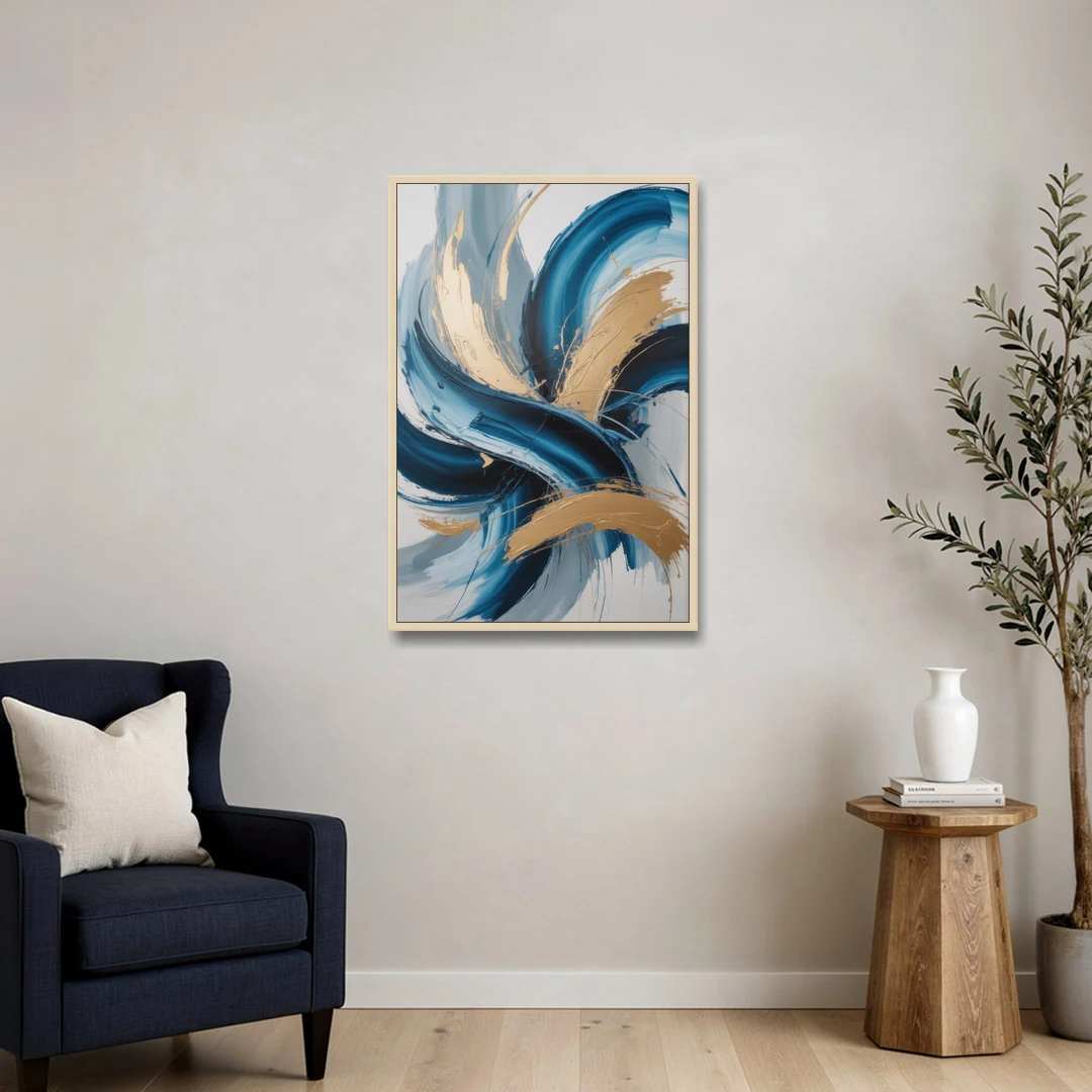 Serene Opulence Blue and Gold Abstract - Oak Framed Canvas Wall Art - Sofa - 24x36