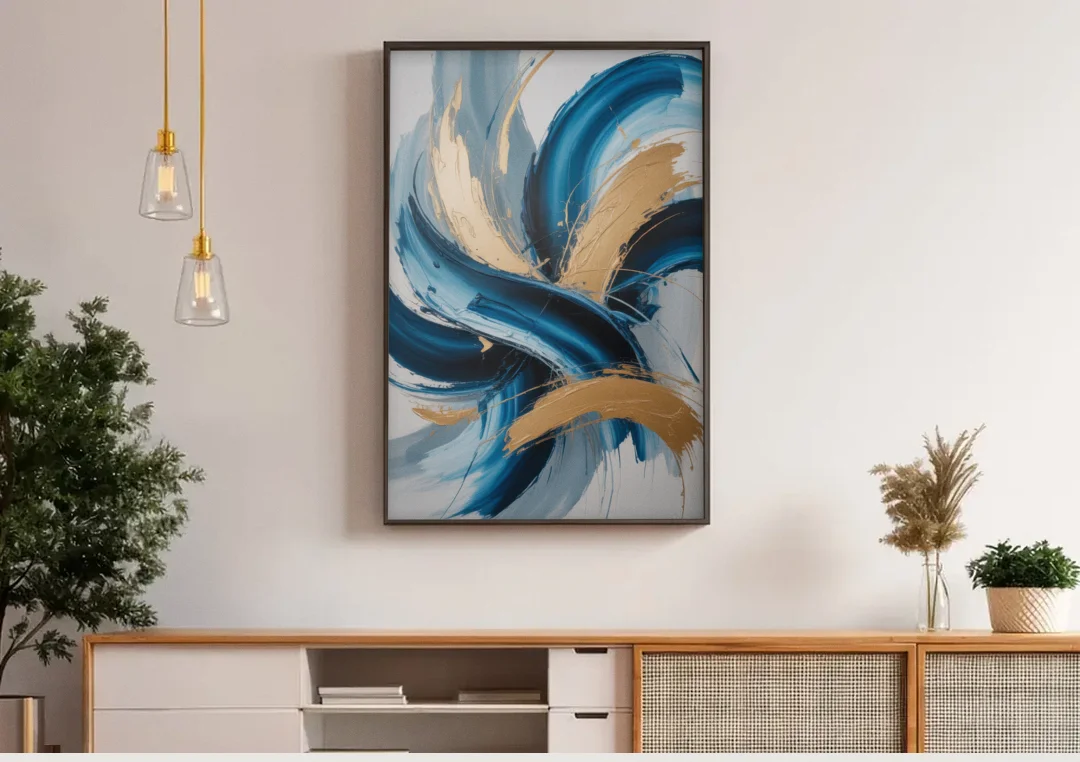 Serene Opulence Blue and Gold Abstract canvas wall art above a wooden sideboard under pendant lights
