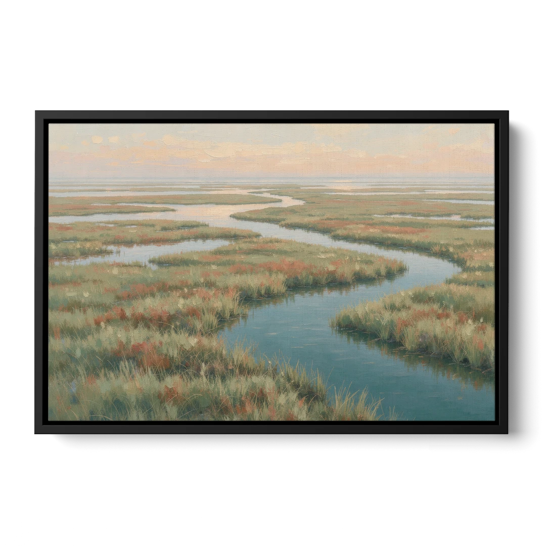 Serene Salt Marsh Creek at Morning - Black Framed Canvas Wall Art - Front