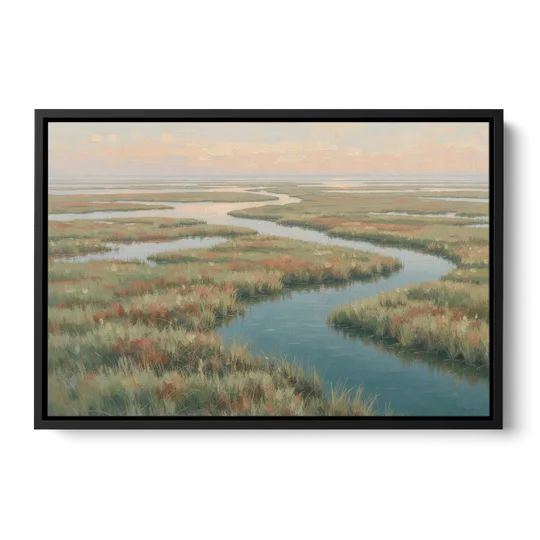 Serene Salt Marsh Creek at Morning - Black Framed Canvas Wall Art - Front