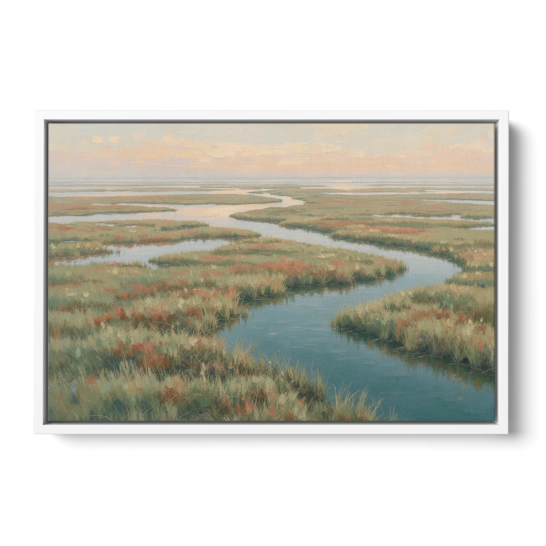 Serene Salt Marsh Creek at Morning - White Framed Canvas Wall Art - Front