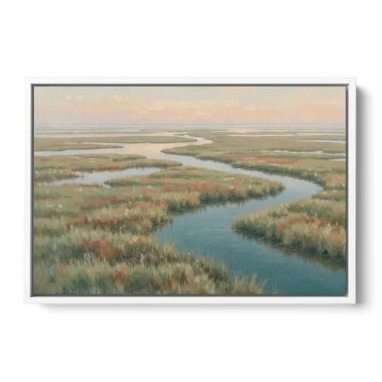 Serene Salt Marsh Creek at Morning - White Framed Canvas Wall Art - Front