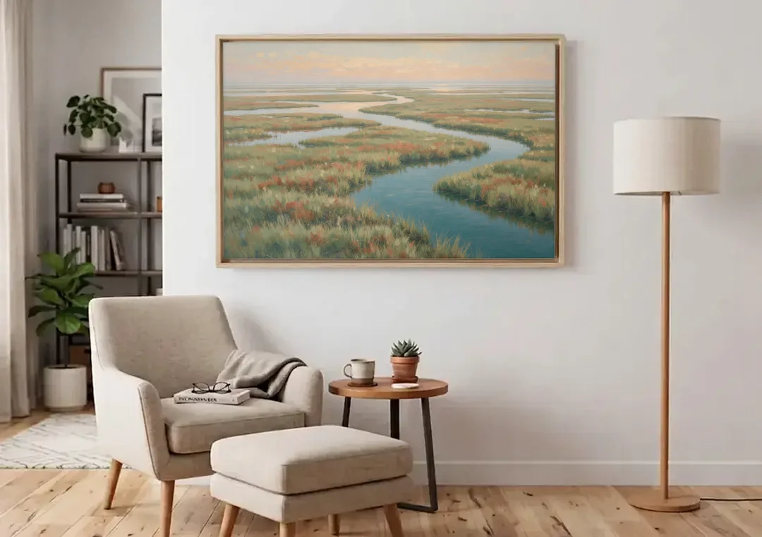 Serene Salt Marsh Creek at Morning canvas wall art above an armchair in a bright living room