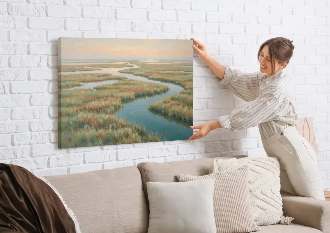 Serene Salt Marsh Creek at Morning canvas wall art being hung on a white brick wall above a sofa