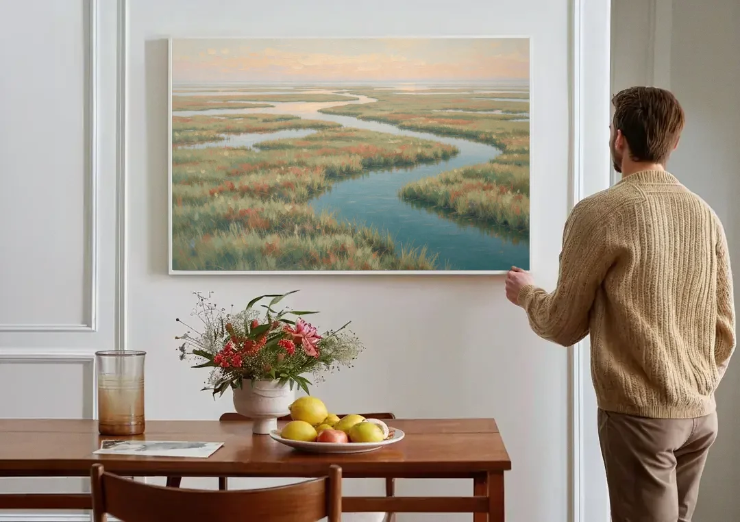 Serene Salt Marsh Creek at Morning canvas wall art above a dining table