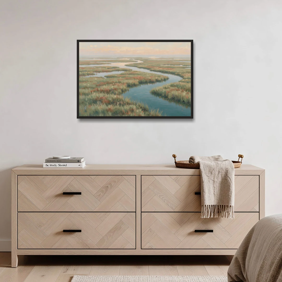 Serene Salt Marsh Creek at Morning - Black Framed Canvas Wall Art - Coffee Table - 36x24