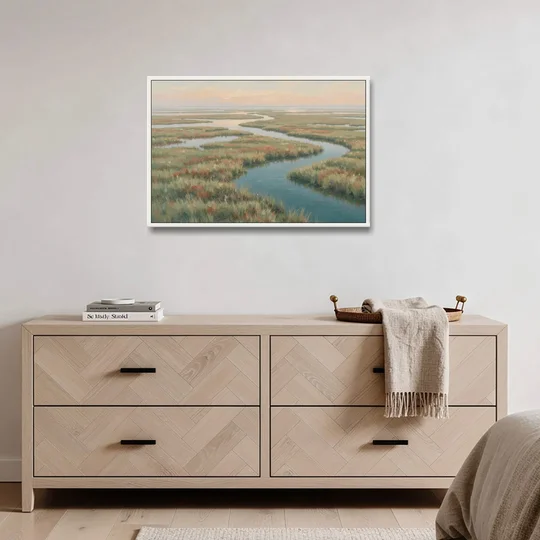 Serene Salt Marsh Creek at Morning - White Framed Canvas Wall Art - Coffee Table - 36x24