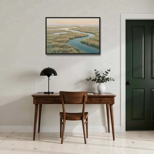 Serene Salt Marsh Creek at Morning - Black Framed Canvas Wall Art - Office - 36x24