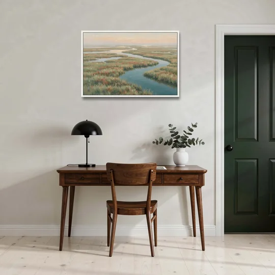 Serene Salt Marsh Creek at Morning - White Framed Canvas Wall Art - Office - 36x24