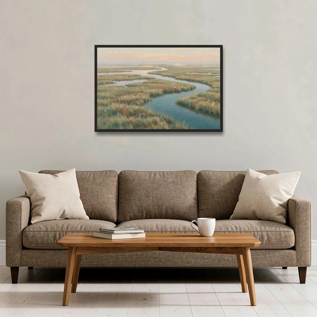 Serene Salt Marsh Creek at Morning - Black Framed Canvas Wall Art - Sofa - 36x24