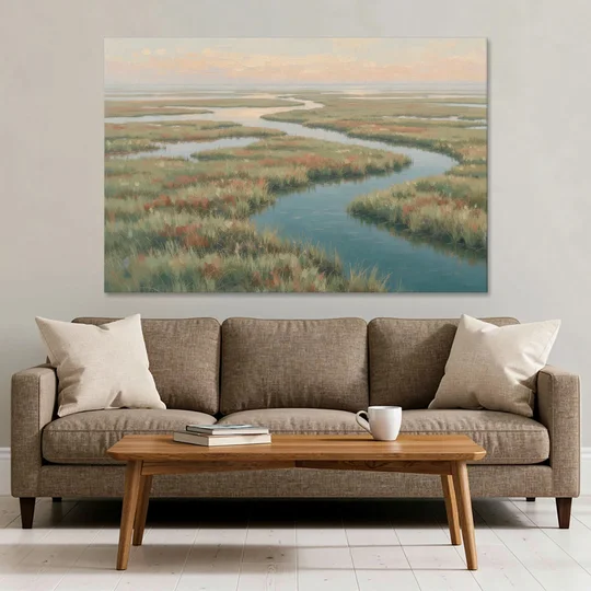 Serene Salt Marsh Creek at Morning - Canvas Wall Art - Sofa - 60x40