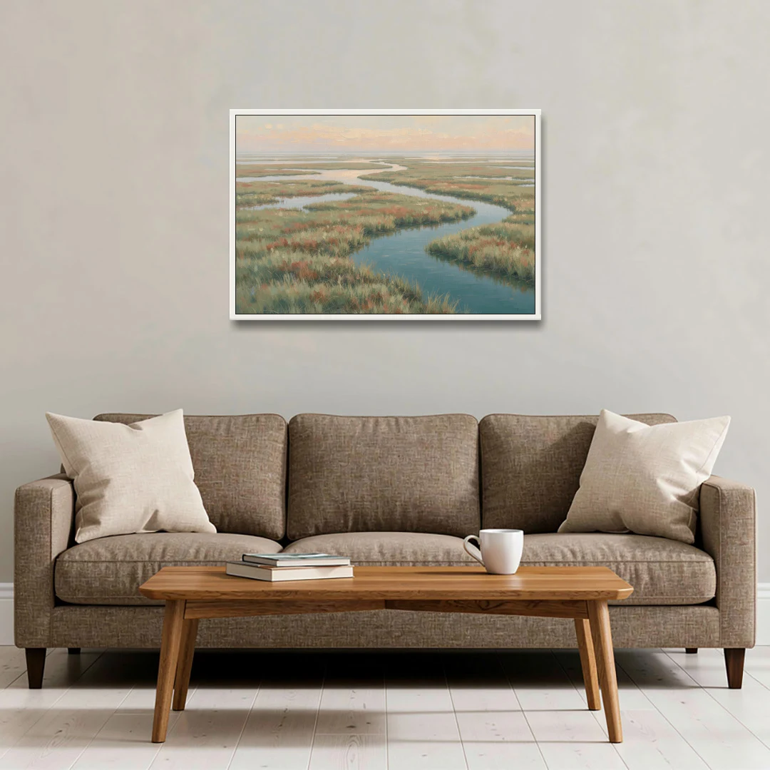 Serene Salt Marsh Creek at Morning - White Framed Canvas Wall Art - Sofa - 36x24