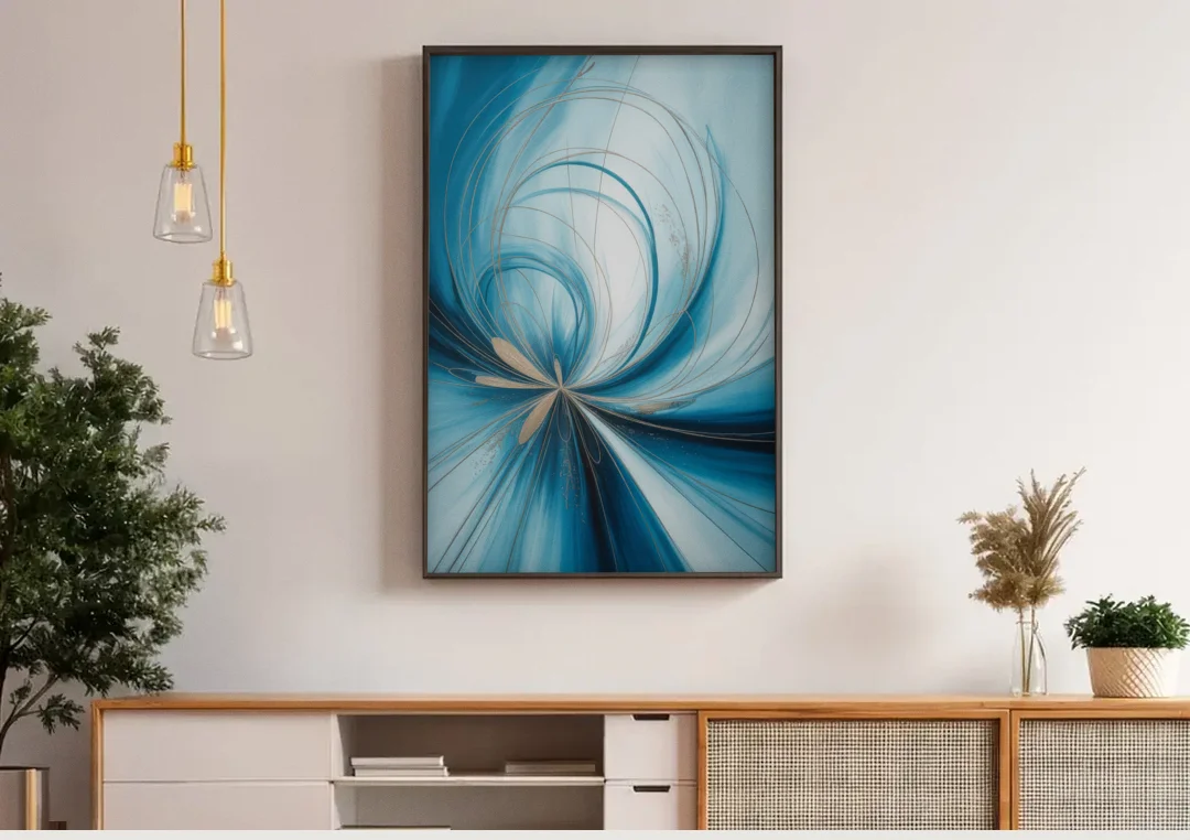 Serene Vortex Blue Abstract canvas wall art above a wooden sideboard under pendant lights
