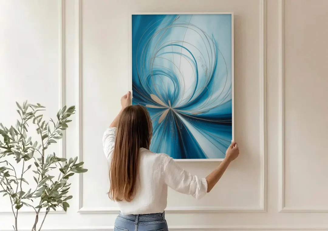 Serene Vortex Blue Abstract canvas wall art being hung on a paneled wall