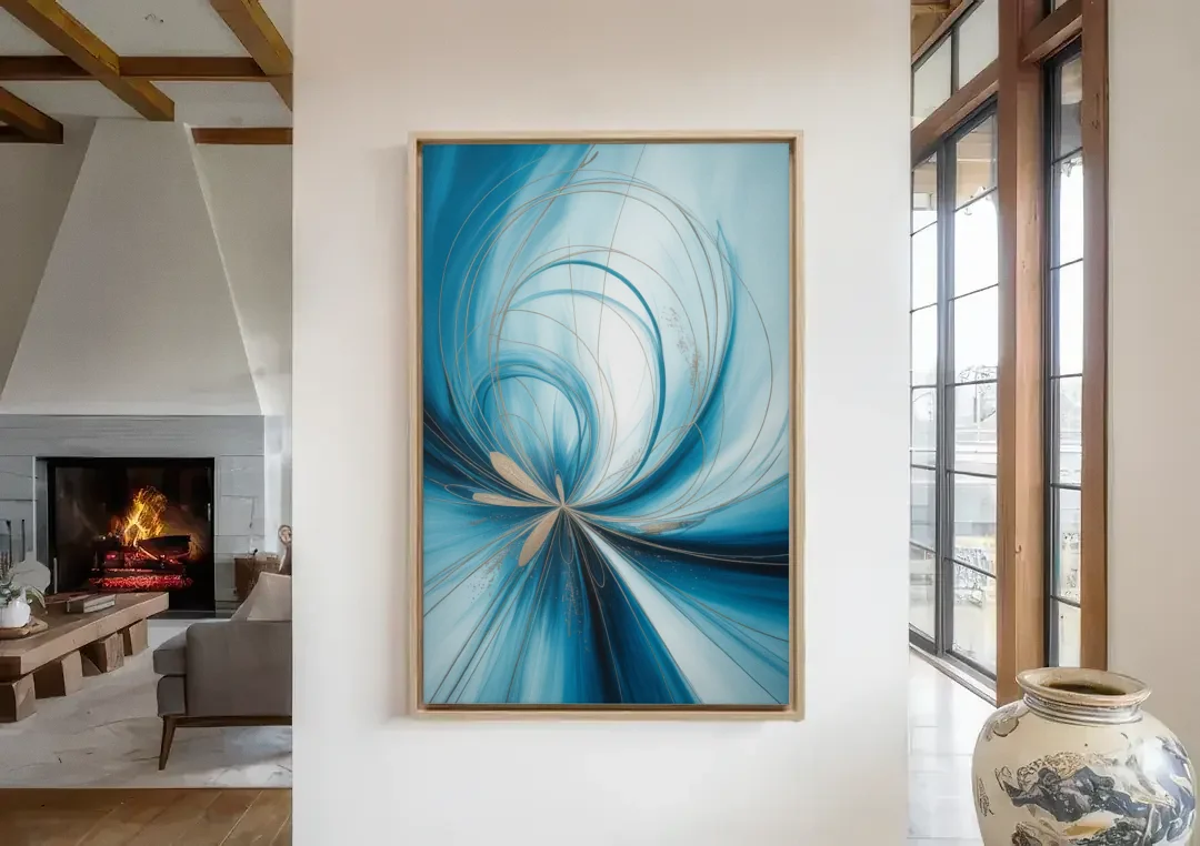 Serene Vortex Blue Abstract canvas wall art in a living room with a fireplace