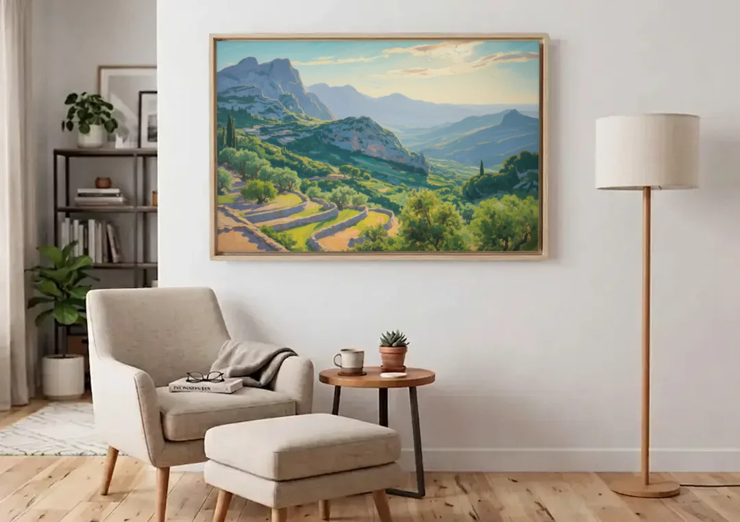Serra de Tramuntana Vista canvas wall art above an armchair in a bright living room