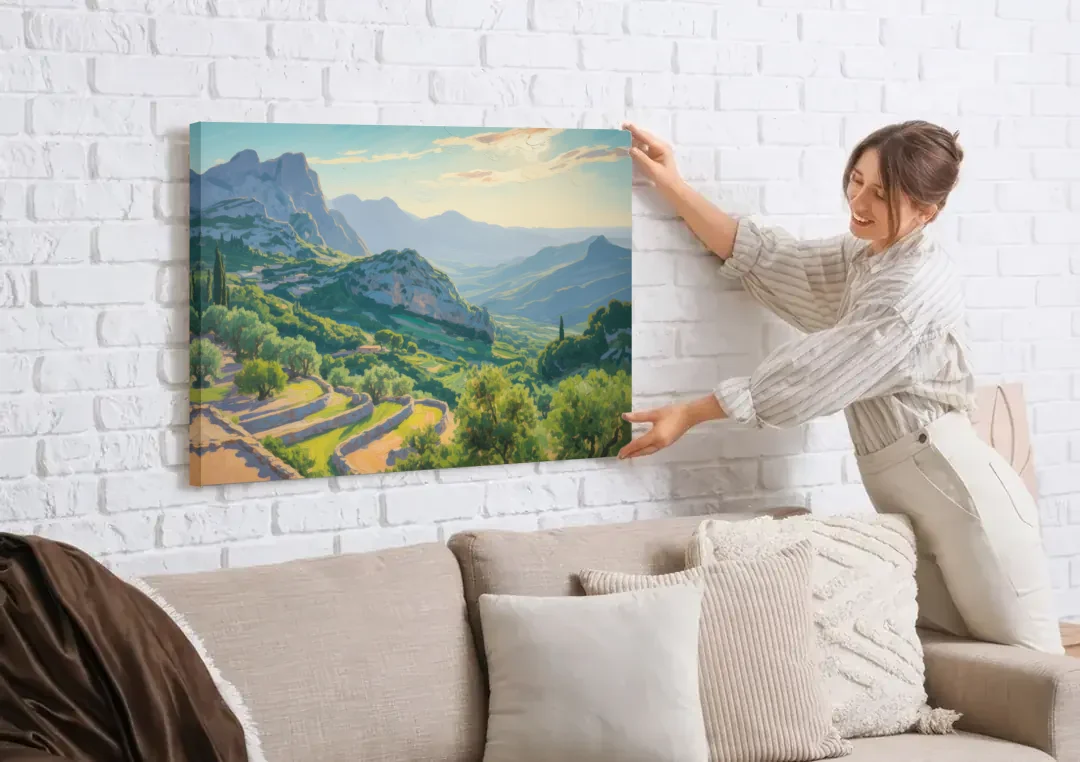 Serra de Tramuntana Vista canvas wall art being hung on a white brick wall above a sofa