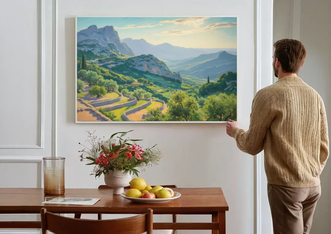 Serra de Tramuntana Vista canvas wall art above a dining table
