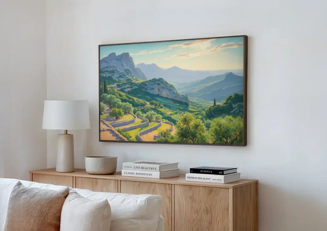 Serra de Tramuntana Vista canvas wall art above a wooden sideboard next to a sofa