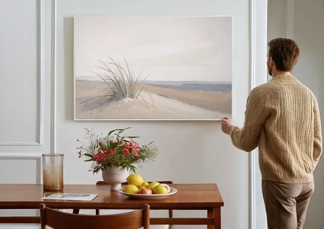 Set of 2 Wall Art with Windblown Dune Grass canvas wall art above a dining table