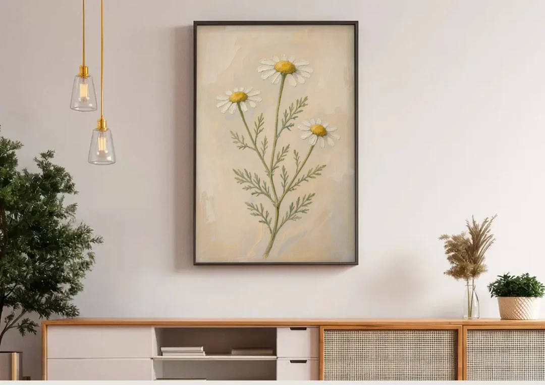 Set of 3 Botanical Prints with Wild Chamomile canvas wall art above a wooden sideboard under pendant lights