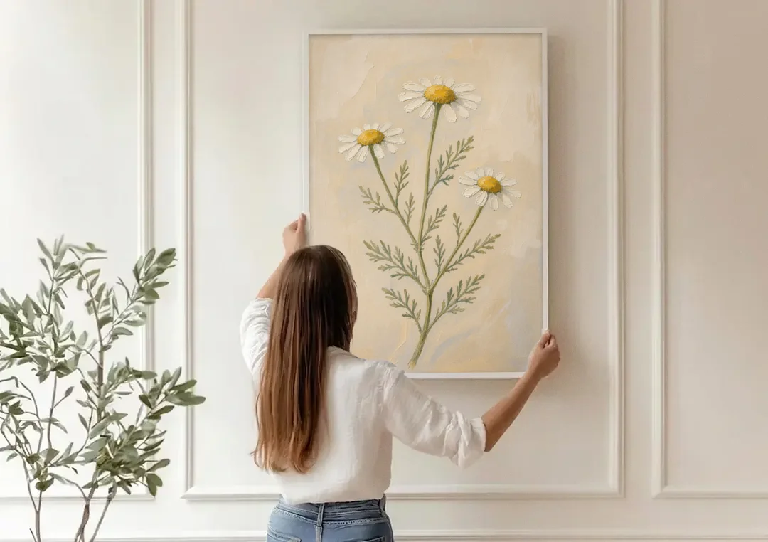 Set of 3 Botanical Prints with Wild Chamomile canvas wall art being hung on a paneled wall