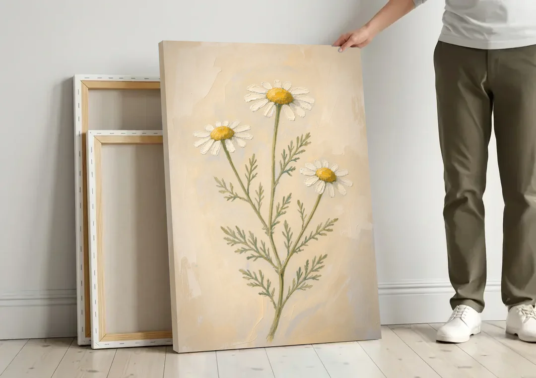 Set of 3 Botanical Prints with Wild Chamomile canvas wall art leaning against a wall next to blank canvases