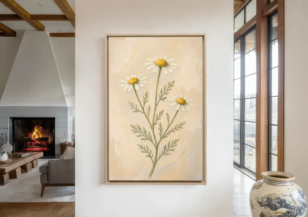 Set of 3 Botanical Prints with Wild Chamomile canvas wall art in a living room with a fireplace
