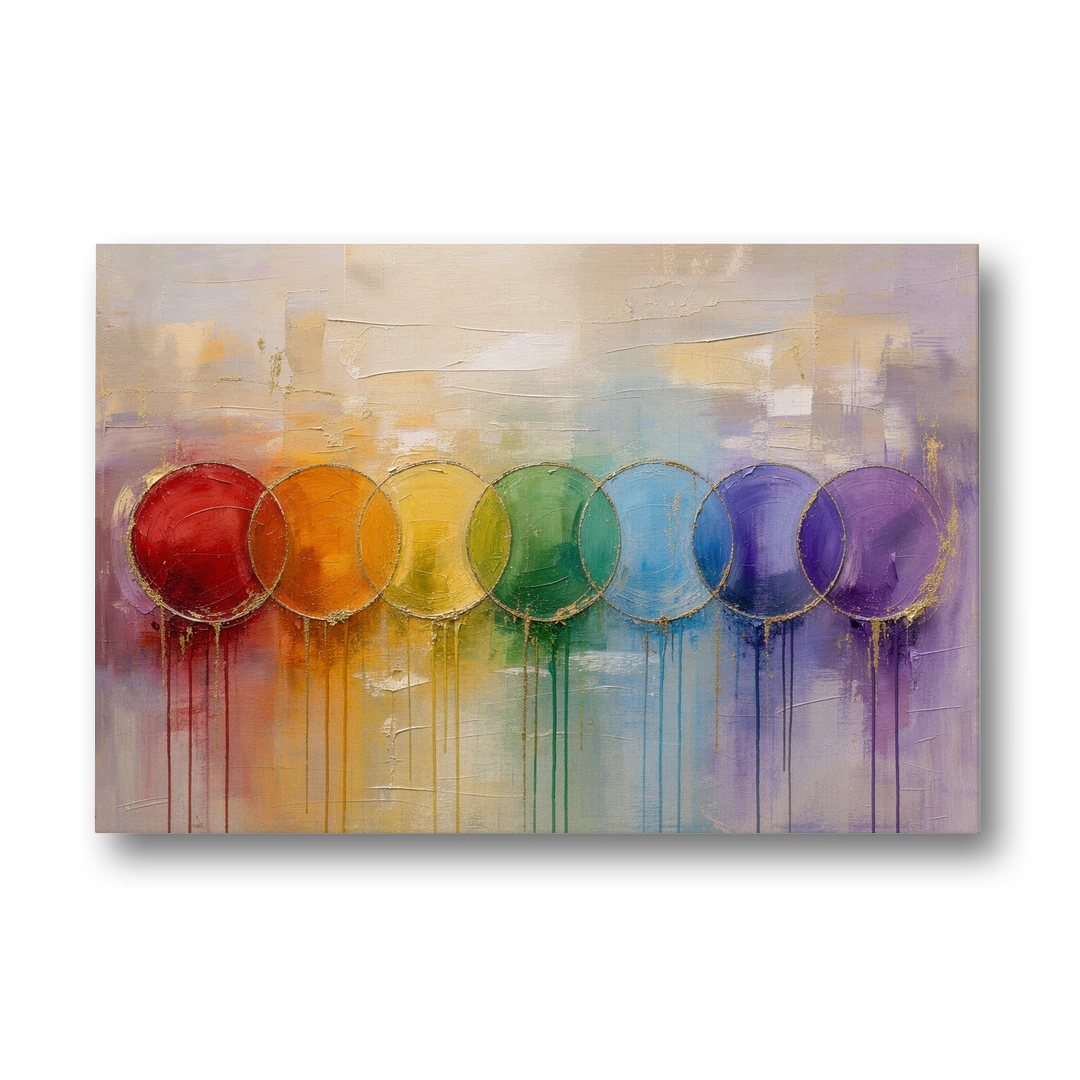 Seven Overlapping Chakra Circles with Gold Drips - Canvas Wall Art - Front