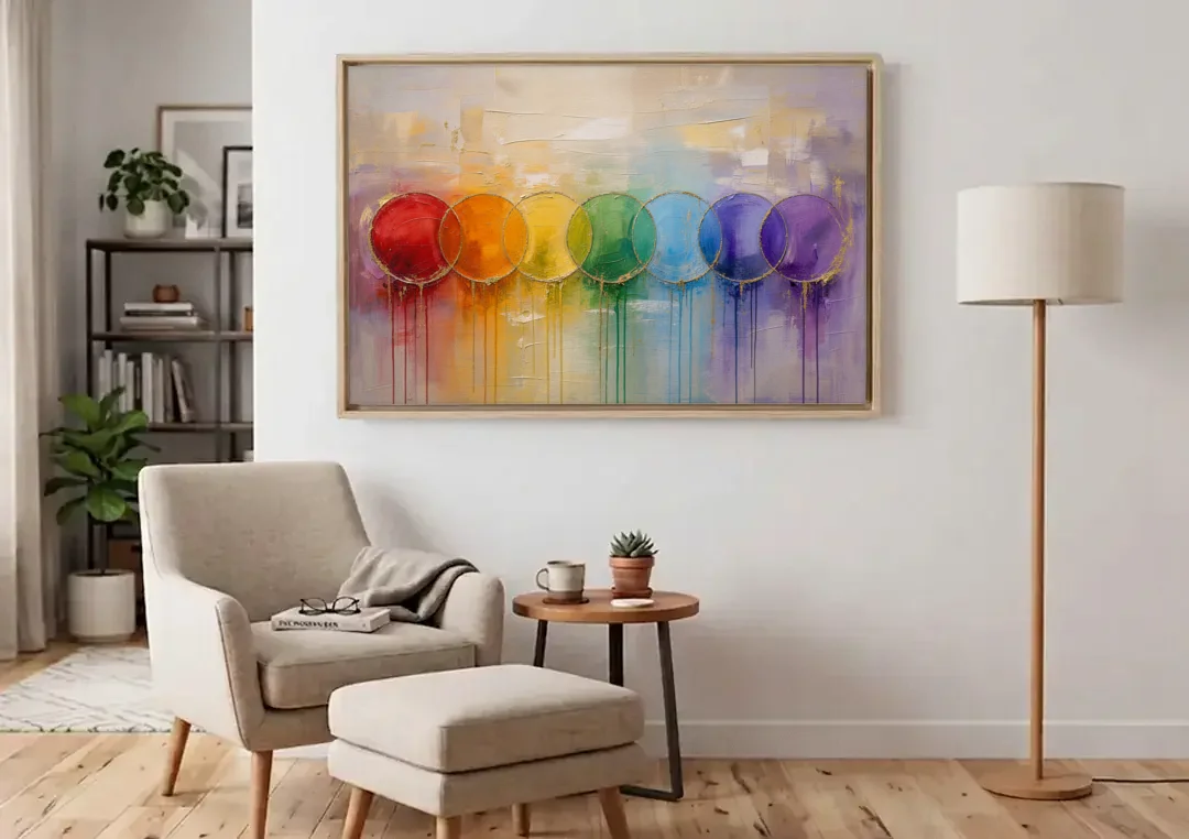 Seven Overlapping Chakra Circles with Gold Drips canvas wall art above an armchair in a bright living room