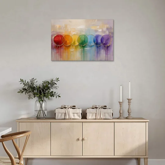 Seven Overlapping Chakra Circles with Gold Drips - Canvas Wall Art - Coffee Table - 36x24
